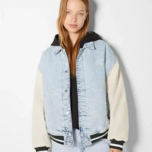 Bershka Suni Deri Kollu Dolgulu Denim Bomber Kadın Mont ABBRS0022