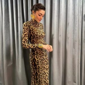Allbucks Hande Erçel Uzun Bodycon Leopar Elbise ABGYM8677