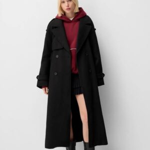 Bershka Siyah Oversize Yün İçerikli Kaşe Trençkot Kaban ABBRS1009