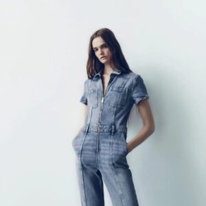 Zara Fermuarlı Yarım Kollu Uzun Denim Tulum ABZRA0111