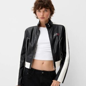 Bershka Kontrast Suni Deri Biker Ceket ABBRS1040