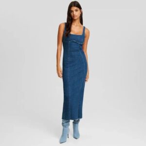 Bershka Askılı Yırtmaçlı Streç Uzun Midi Denim Elbise ABBRS0009