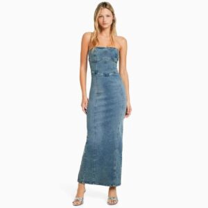 Bershka Straplez Yırtmaçlı Streç Uzun Midi Denim Elbise ABBRS0010