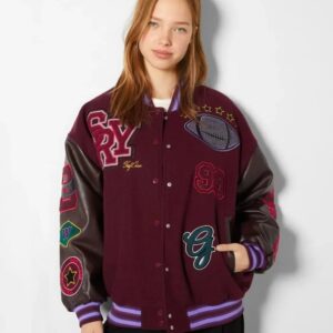 Bershka Oversize Suni Deri Kollu Yamalı Kolej Bomber Mont ABBRS0055