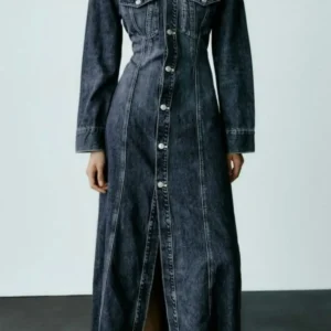 Zara Bele Oturan Uzun Kollu Maksi Denim Elbise ABZRA0098