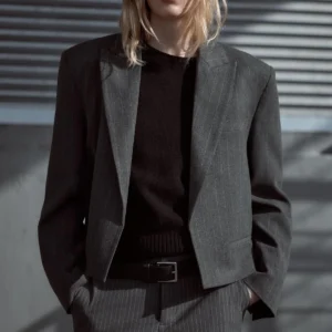 Zara İnce Çizgili Vatkalı Crop Blazer Ceket ABZRA1112