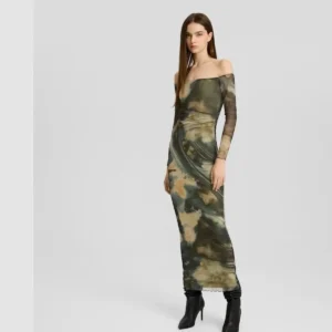 Bershka Degaje Yaka Uzun Kollu Batik Desen Uzun Midi Tül Elbise ABBRS0031