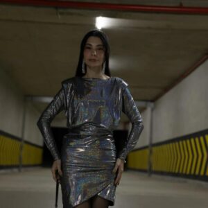 Gri Parıltılı Vatkalı Elbise ABGYM0809